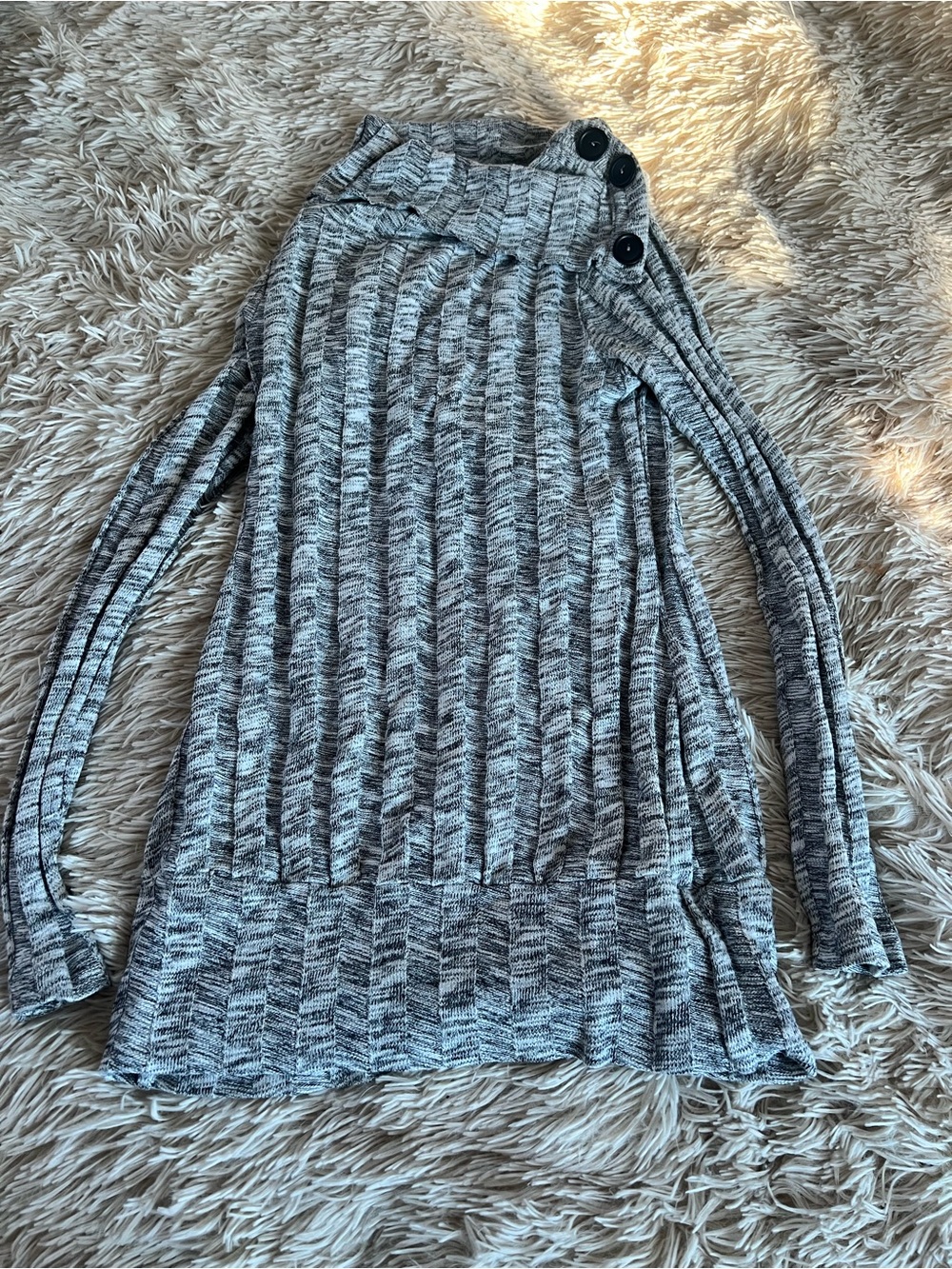 Cozy Gray Ribbed Button-Shoulder Turtleneck Sweater